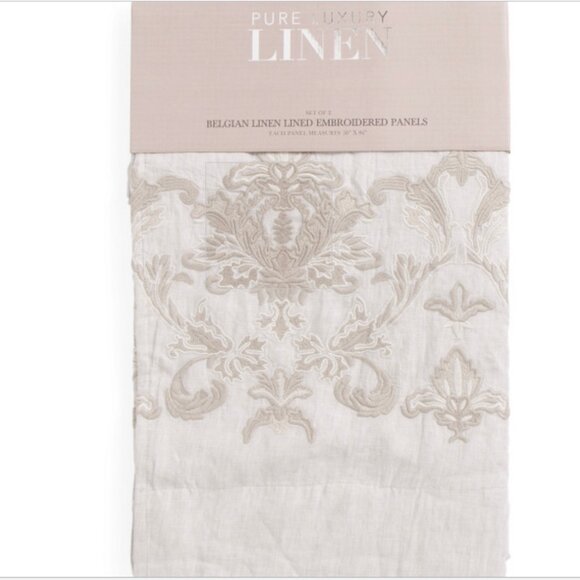 Pure Luxury Linen Belgian Floral Embroidered Lined Window Panel Pair 50 x 96 - Picture 1 of 3